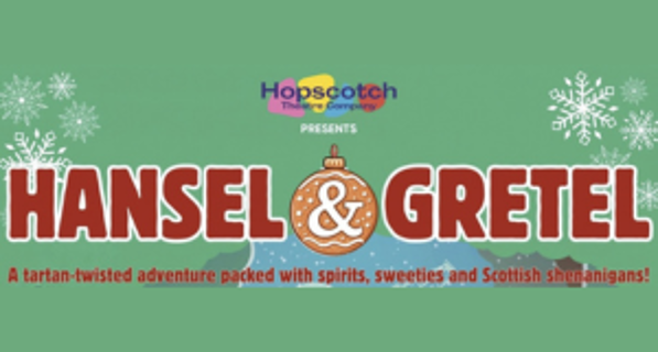 "Hansel and Gretel" in red text on a green background with the hopscotch logo above