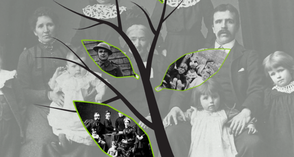Old fashioned photo of a family with a tree graphic overlay