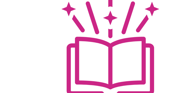 Majenta open book with lines and stars at the top of the book