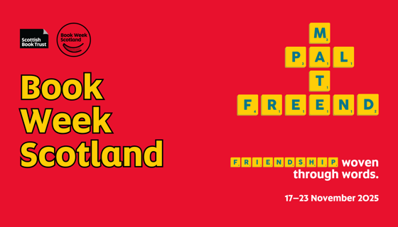 Red graphic with the text 'Book Week Scotland' and yellow cubes that spell the words mate, pal and friend