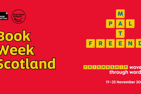 Red graphic with the text 'Book Week Scotland' and yellow cubes that spell the words mate, pal and friend
