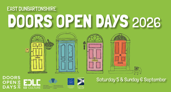 Illustrations of different coloured doors on a green background with text that reads 'doors open days 2026'