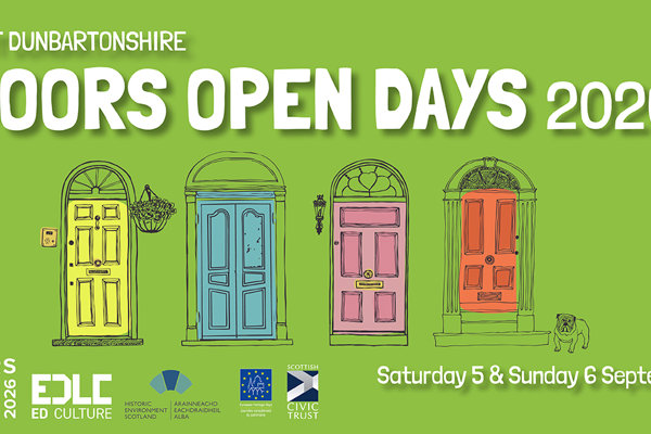 Illustrations of different coloured doors on a green background with text that reads 'doors open days 2026'