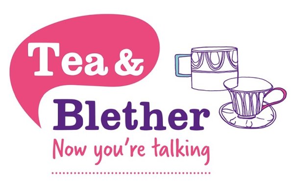 Pink and purple graphic with the text 'tea & blether now you're talking' next to two coffee mugs