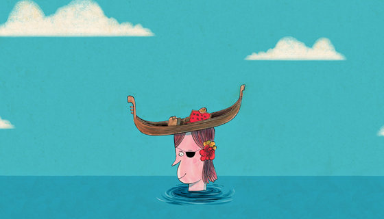 Graphic featuring a person in water with a boat on their head