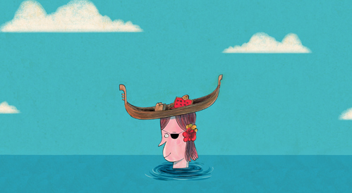 Graphic featuring a person in water with a boat on their head