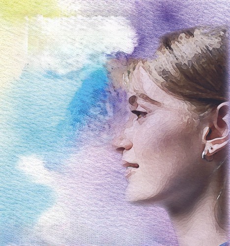 painting of a woman with blonde hair on a multicoloured background