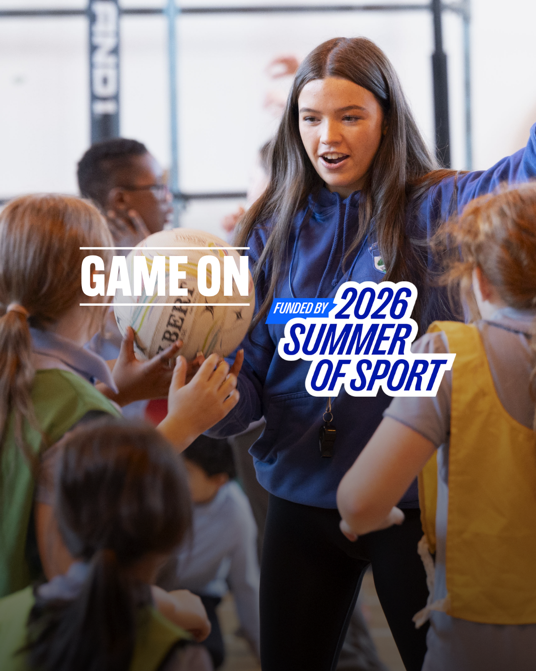 Woman coaching children at sport. Text saying: Free swimming and court bookings. 26 June - 16 August. 
