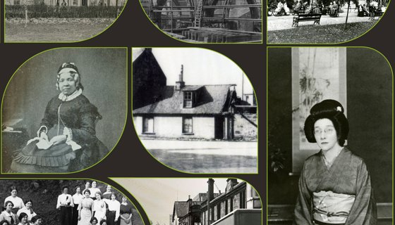 black and white images of various buildings and people